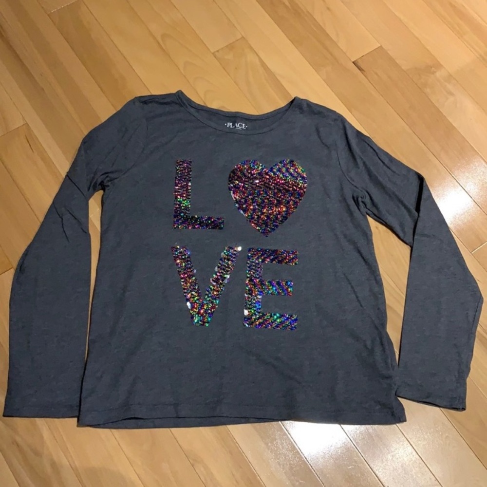 NWOT/VEUC Children’s Place Girl’s Flip Sequins LOVE Long Sleeve T-shirt -size 14
